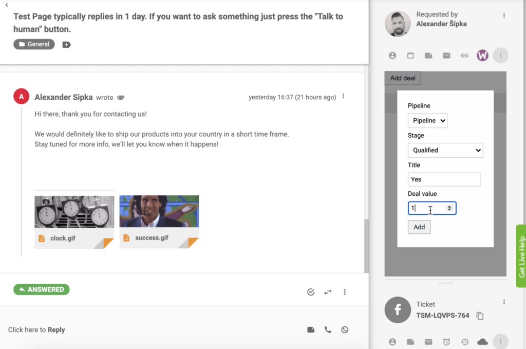 Dodaj umowę z integracją PipeDrive CRM w widoku zgłoszenia LiveAgent