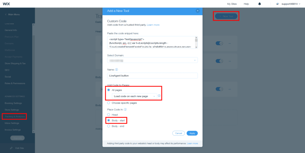 Umieść kod czatu na żywo LiveAgent w treści witryny Wix